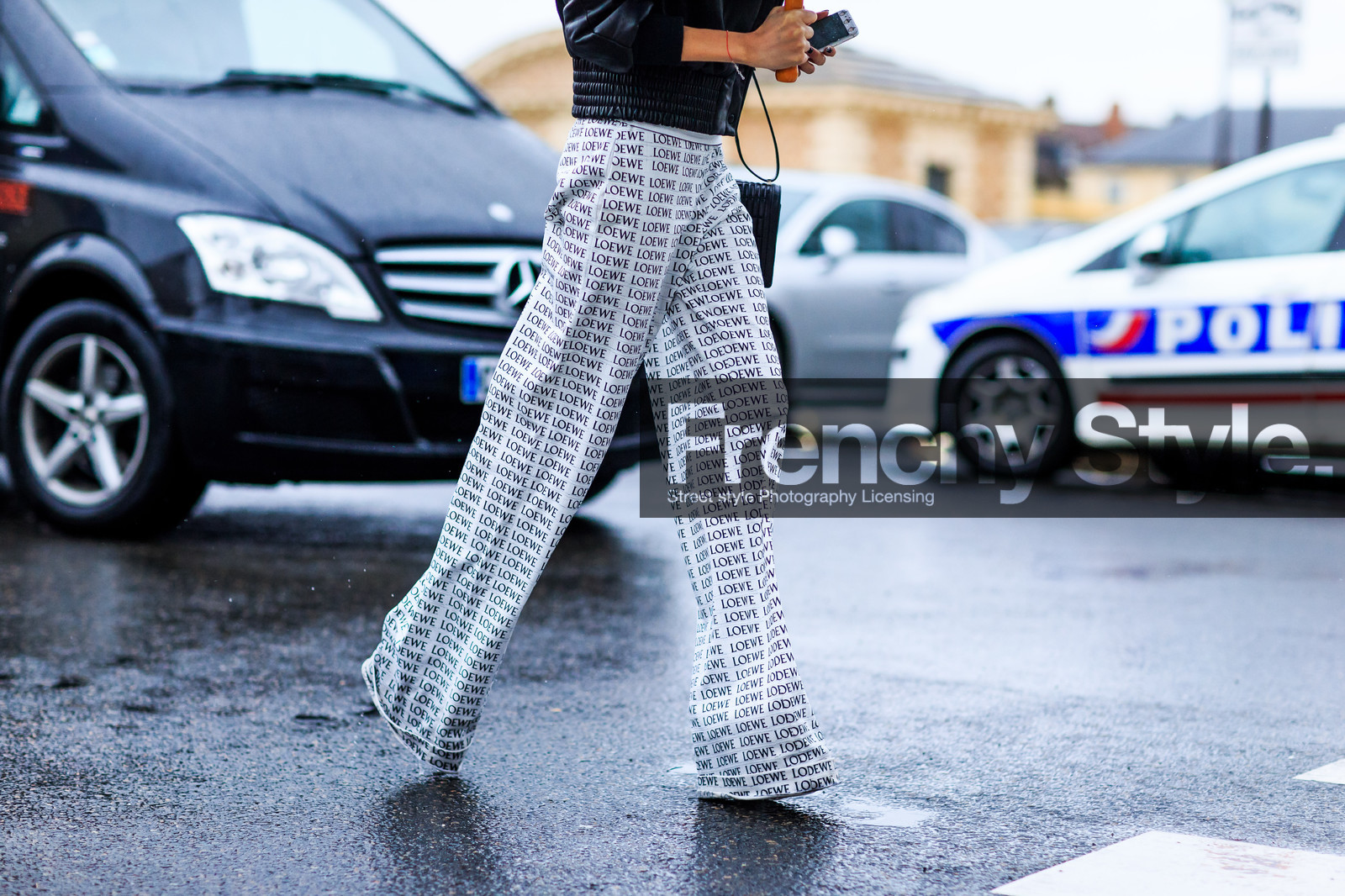 atmosphere details, AUTUMN WINTER 2016-2017, AW 16-17, black bag, black jacket, bomber jacket, detail, FALL WINTER 2016-2017, fashion week, frenchystyle, FW, FW 16-17, graphic pants, horizontal, jonathan paciullo, leather bag, loewe, PARIS, PFW, printed pants, street style, trousers, umbrella, white pants, yoyo cao