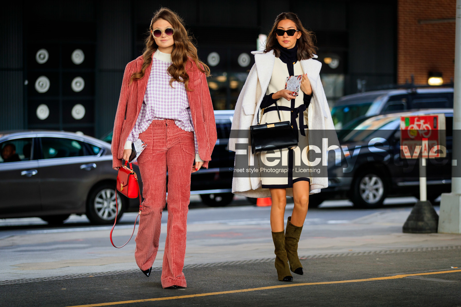 black and white, black bag, checked, corduroy, green boots, high heels, houndstooth pattern, leather bag, leather shoes, over the shoulder, pink jacket, pink pants, pink suit, plaid, purple sweater, red bag, sunglasses, tory burch, trousers, white coat, white dress, street style, jonathan paciullo, frenchystyle, NYFW, NEW YORK, AUTUMN WINTER 2019-2020, AW 19-20, FALL WINTER 2019-2020, FW 19-20, FW, fashion week, atmosphere details, horizontal, full length