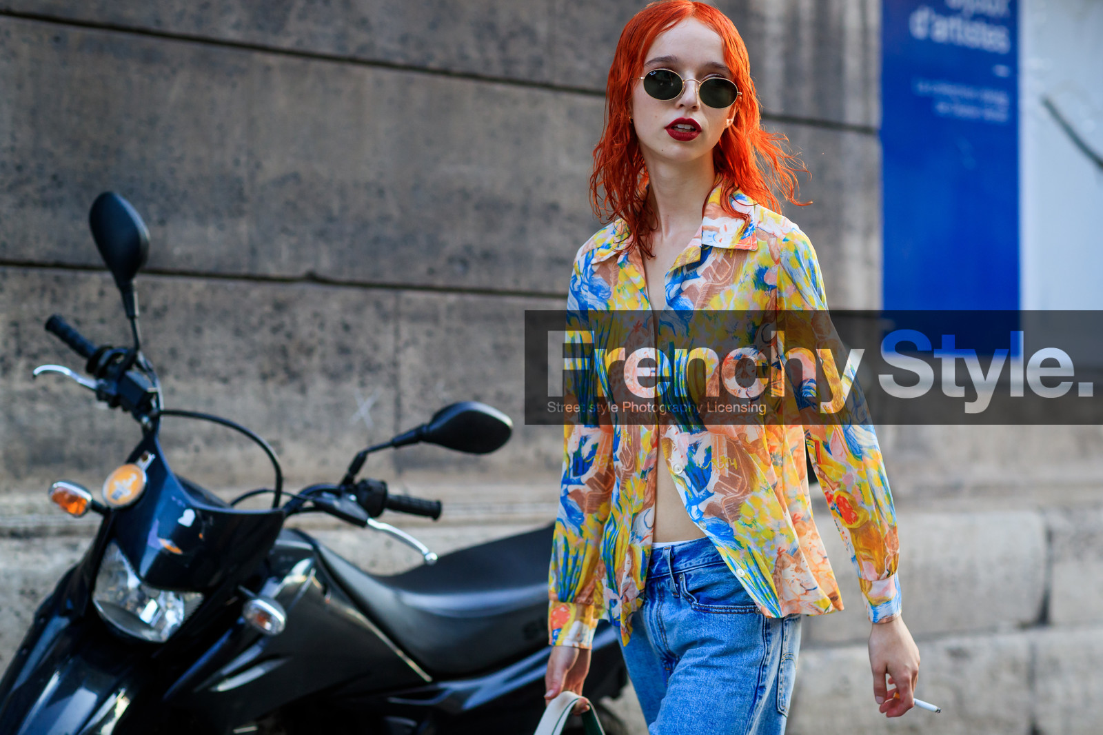 blue denim, denim pants, dyed hair, graphic shirt, jeans, printed shirt, ray ban, red head, sunglasses, trousers, yellow shirt, fashion week, frenchystyle, FW, jonathan paciullo, street style, PFW, PARIS, atmosphere details, horizontal, detail, model, AUTUMN WINTER 2018-2019, FALL WINTER 2018-2019, FW 18-19