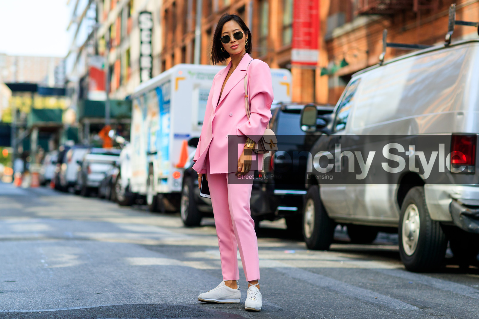aimee song, atmosphere details, blazer, bracelet, christian dior, céline, earrings, fashion week, frenchystyle, full length, FW, horizontal, iphone, jonathan paciullo, leather bag, leather shoes, NEW YORK, NYFW, pink bag, pink jacket, pink pants, pink suit, red lips, SPRING SUMMER 2018, SS 18, street style, sunglasses, trousers, white sneakers