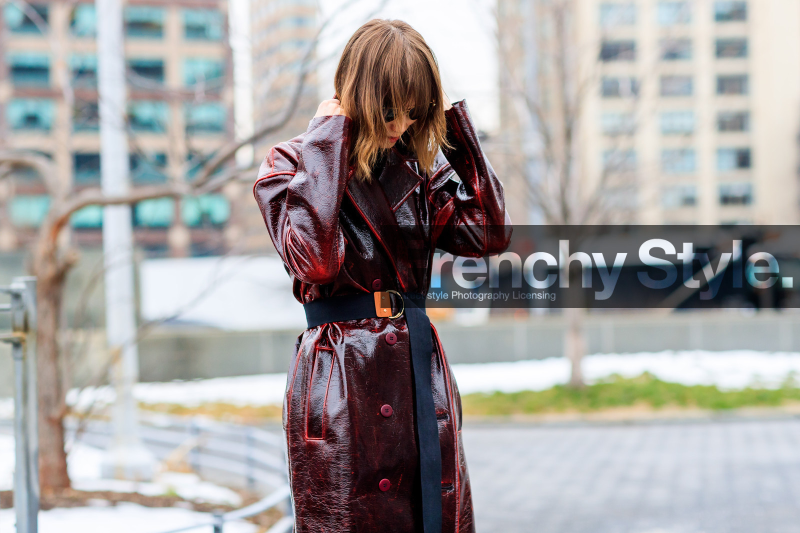 anya ziourova, atmosphere details, AUTUMN WINTER 2017-2018, AW 17-18, belted coat, blue belt, bordeaux, burgundy, detail, FALL WINTER 2017-2018, fashion week, frenchystyle, FW, FW 17-18, horizontal, jonathan paciullo, leather coat, NEW YORK, NYFW, red coat, street style, sunglasses