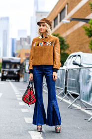 blue denim, brown cap, brown jacket, caro daur, checked bag, corduroy, denim pants, earrings, fashion week, fendi, flare jean, frenchystyle, full length, FW, graphic bag, graphic shoes, high heels, high waist, jeans, jonathan paciullo, leather bag, leather jacket, leather shoes, NEW YORK, NYFW, plaid, printed bag, printed shoes, red bag, shearling, SPRING SUMMER 2018, SS 18, street style, tartan, trousers, vertical