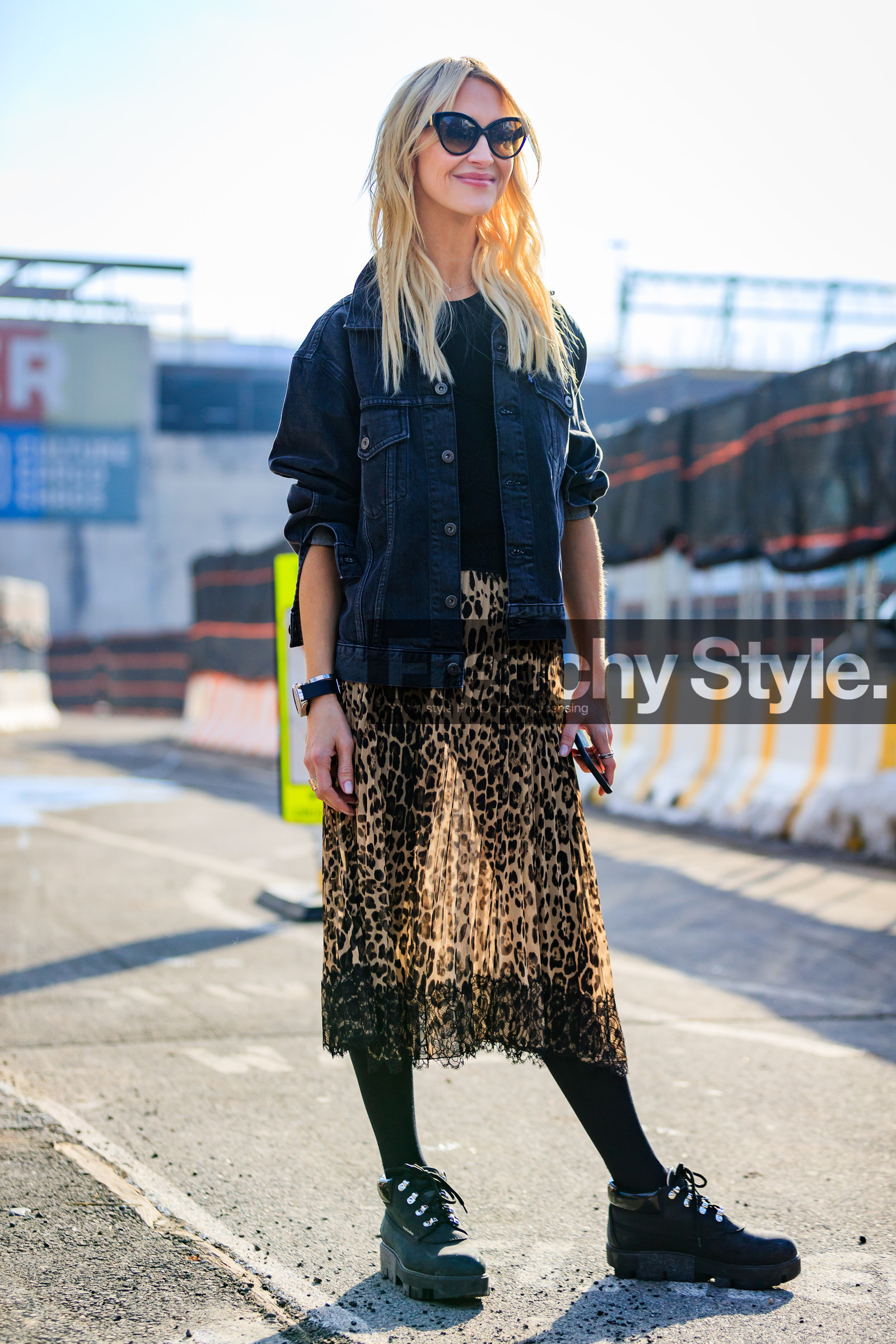 AUTUMN WINTER 2017-2018, AW 17-18, black denim, black jacket, black shoes, black sweater, brown skirt, denim jacket, FALL WINTER 2017-2018, fashion week, frenchystyle, full length, FW, FW 17-18, jonathan paciullo, leather shoes, leopard, leopard print, NEW YORK, NYFW, printed skirt, see through, silk skirt, street style, sunglasses, vertical, zanna roberts rassi