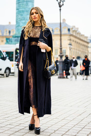 black look, laced dress, butterfly dress, midi dress, black bra, valentino, valentino bag, leather bag, black cape, black coat, black heels, platform heels, chained bag, fashion week, frenchystyle, FW, jonathan paciullo, street style, PARIS, PFW, SPRING SUMMER 2022, SS 22, full length, vertical