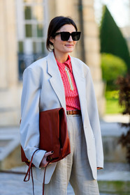 beige jacket, beige pants, beige suit, blazer, leather bag, red bag, red sweater, sunglasses, trousers, PARIS, PFW, street style, jonathan paciullo, FW, frenchystyle, fashion week, AUTUMN WINTER 2019-2020, AW 19-20, FALL WINTER 2019-2020, FW 19-20, vertical, atmosphere details, detail