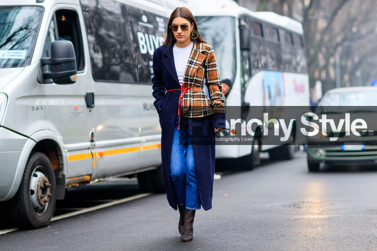 atmosphere details, AUTUMN WINTER 2017-2018, AW 17-18, blue denim, brown bag, checked jacket, earrings, FALL WINTER 2017-2018, fashion week, frenchystyle, full length, FW, FW 17-18, graphic coat, graphic jacket, high heels, horizontal, jeans, jonathan paciullo, leather backpack, leather bag, leather shoes, louis vuitton, MFW, MILAN, monogram, patricia manfield, plaid, printed bag, printed coat, printed jacket, street style, sunglasses, tartan, trousers, white t shirt