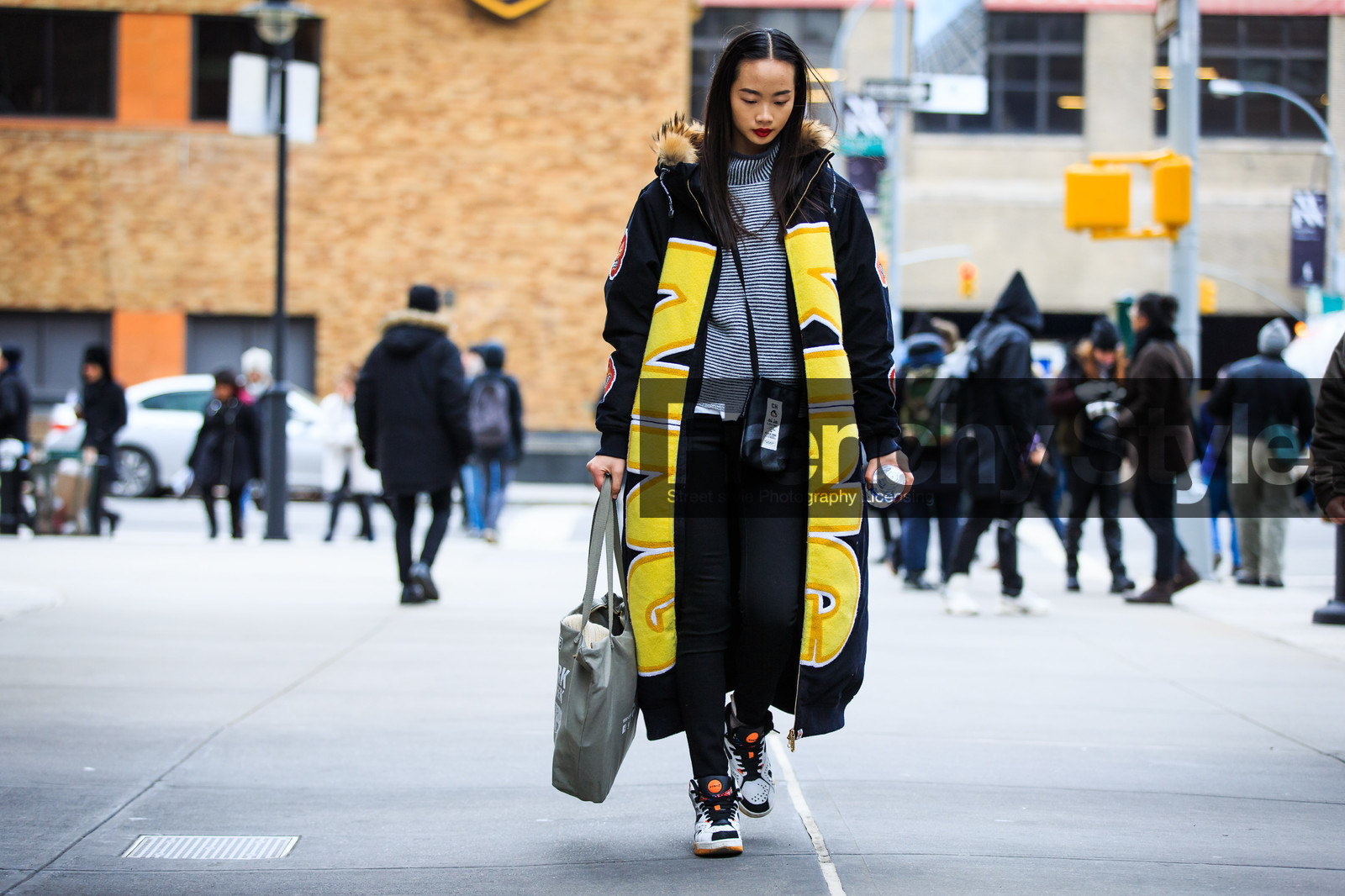 atmosphere details, AUTUMN WINTER 2016-2017, AW 16-17, black, black coat, fashion week, frenchystyle, full length, fur collar, FW, FW 16-17, horizontal, huan zhou, jonathan paciullo, leather sneakers, long coat, model, NEW YORK, NYFW, oversize, printed coat, street style, striped sweater, turtleneck sweater, white beanie, woman, yellow