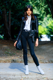 black bag, black belt, black denim, black jacket, black perfecto, denim pants, fashion week, frenchystyle, full length, FW, jeans, jonathan paciullo, leather bag, leather belt, leather jacket, leather perfecto, leather shoes, MFW, MILAN, model, sarah engelland, SPRING SUMMER 2017, SS 17, street style, trousers, vertical, white boots, white polo, white top