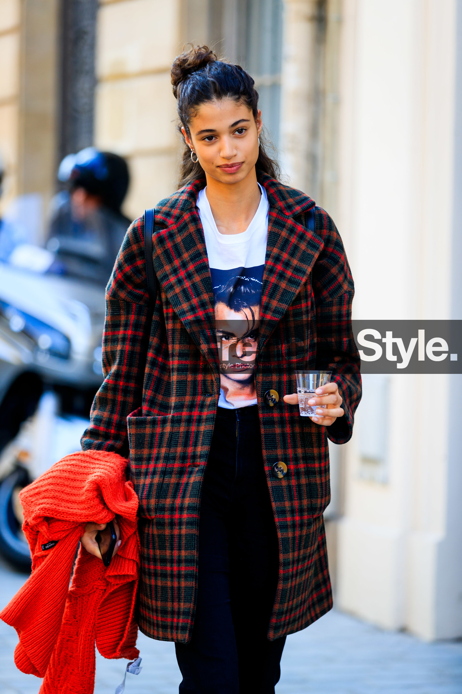 black pants, blue denim, bun, checked, denim pants, graphic jacket, jeans, model, plaid, printed jacket, printed t shirt, red coat, red sweater, tartan, trousers, white t shirt, PARIS, PFW, street style, jonathan paciullo, FW, frenchystyle, fashion week, AUTUMN WINTER 2019-2020, AW 19-20, FALL WINTER 2019-2020, FW 19-20, vertical, atmosphere details, detail