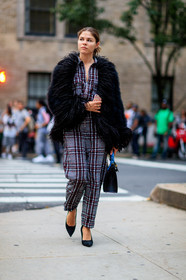 black bag, black fur coat, black jacket, black shoes, checked jumpsuit, emily weiss, fashion week, frenchystyle, full length, fur jacket, FW, graphic jumpsuit, high heels, jonathan paciullo, leather bag, leather shoes, NEW YORK, NYFW, plaid, plaid jumpsuit, printed jumpsuit, SPRING SUMMER 2018, SS 18, street style, striped jumpsuit, tartan, trousers, vertical
