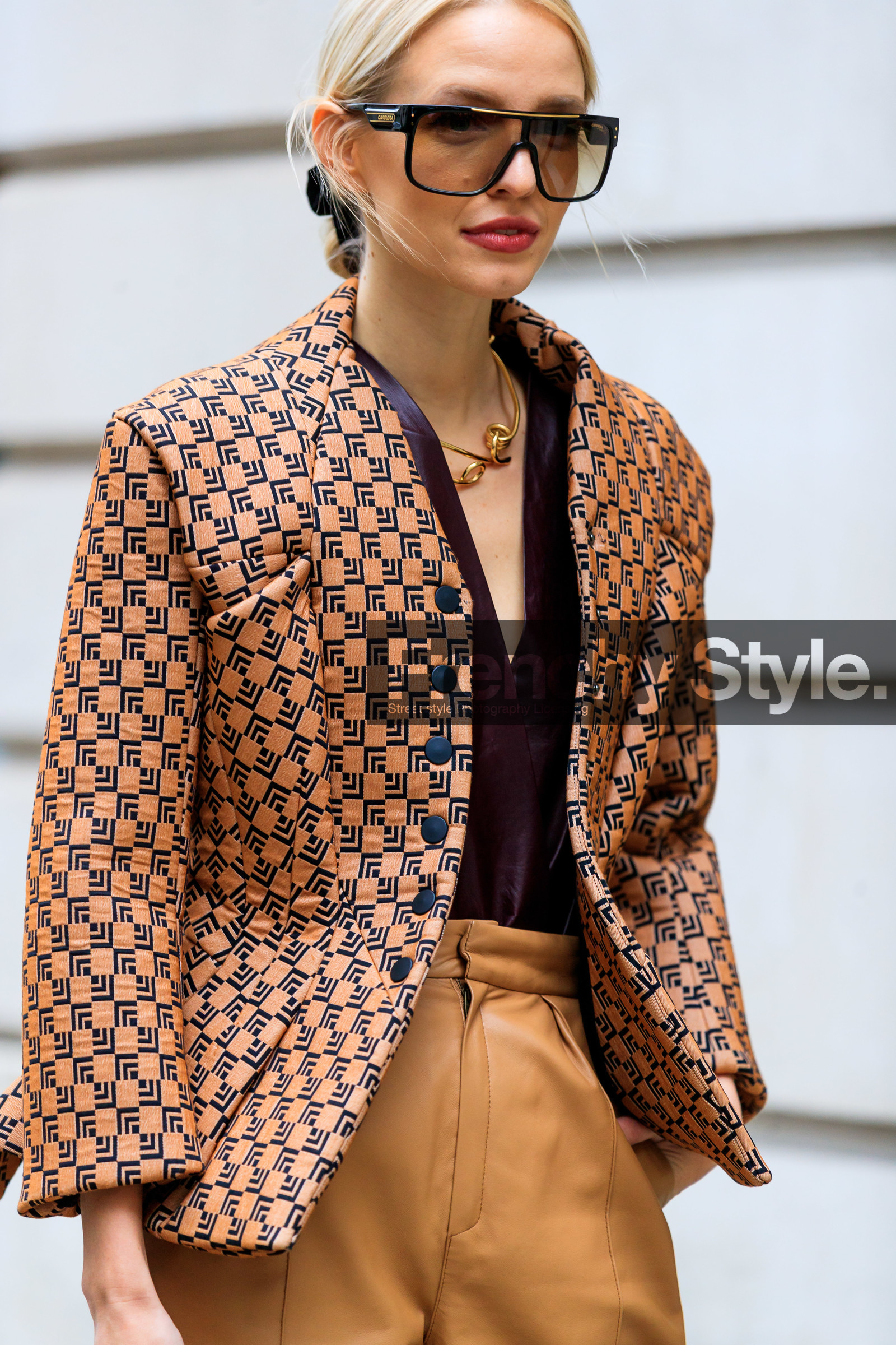 beige jacket, camel pants, checked, graphic jacket, leather jacket, leather pants, leonie hanne, monogram, necklace, plaid, printed jacket, sunglasses, trousers, street style, jonathan paciullo, FW, frenchystyle, fashion week, LFW, LONDON, AUTUMN WINTER 2019-2020, AW 19-20, FW 19-20, FALL WINTER 2019-2020, vertical, atmosphere details, detail