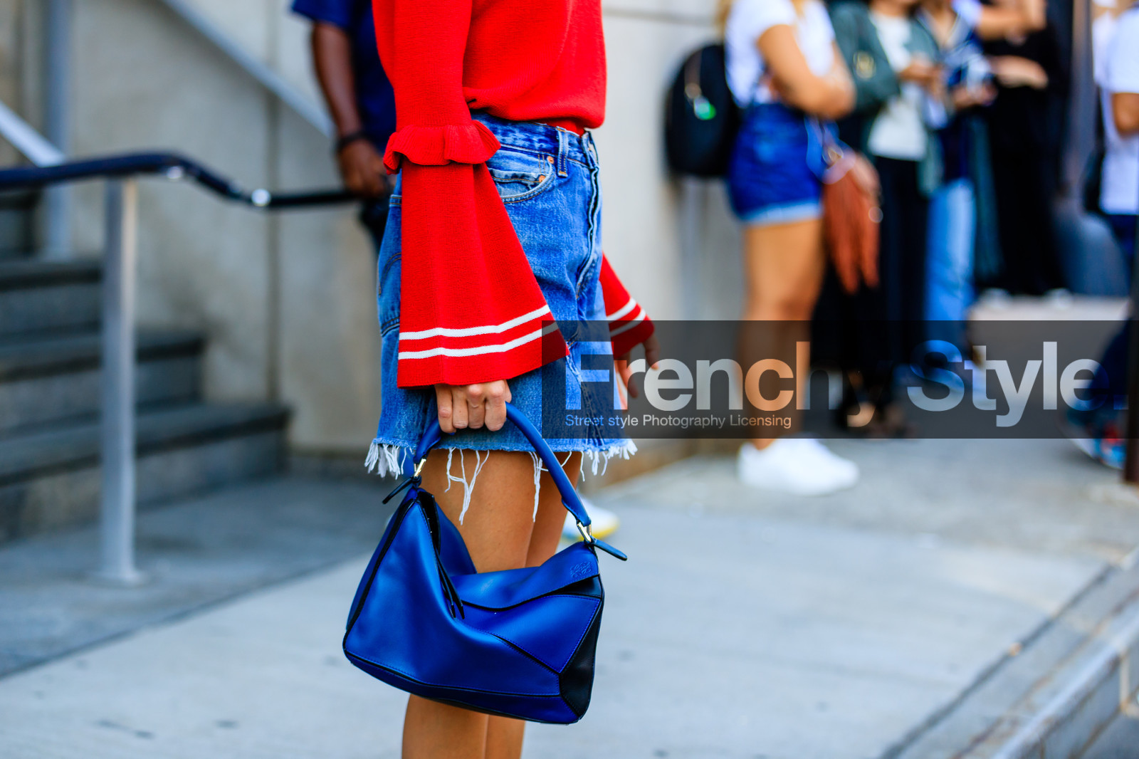 atmosphere details, blue denim, blue skirt, denim skirt, detail, fashion week, frenchystyle, FW, horizontal, jonathan paciullo, leather bag, linda tol, loewe, NEW YORK, NYFW, red sweater, SPRING SUMMER 2017, SS 17, street style, woman