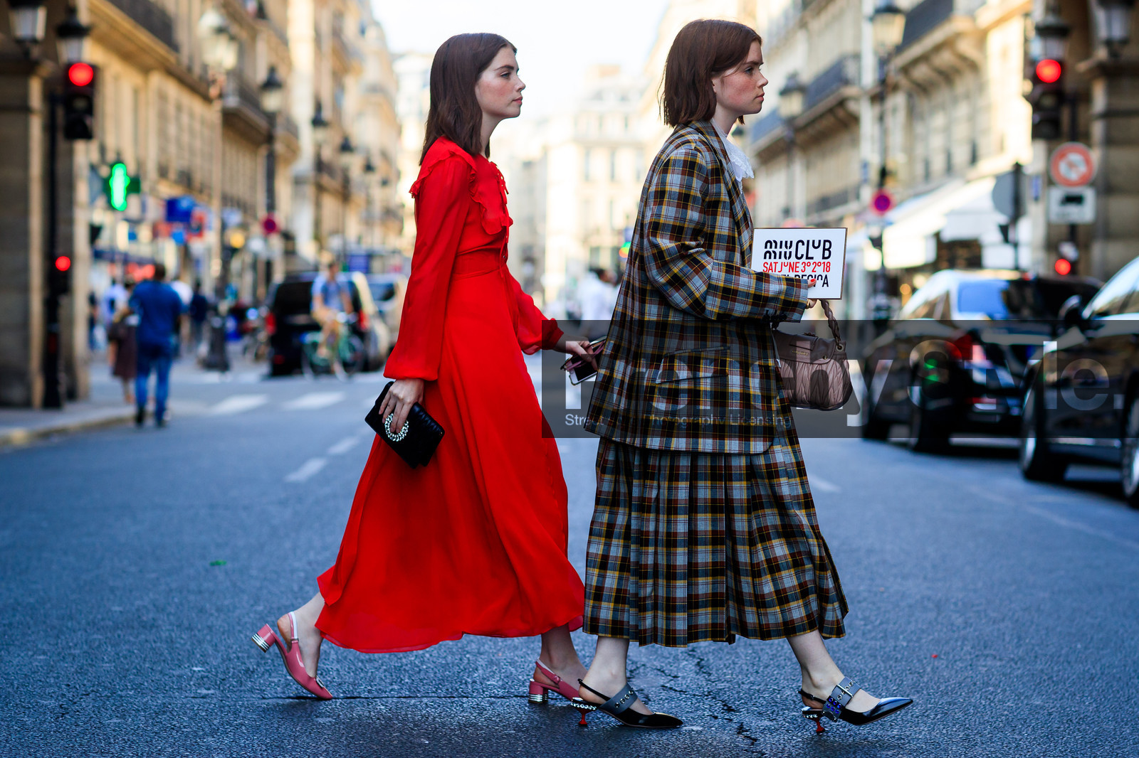 black shoes, blazer, checked, checked jacket, embroidered bag, graphic bag, graphic jacket, graphic skirt, leather bag, leather shoes, miu miu, pink bag, pink shoes, plaid, pleated skirt, printed bag, printed jacket, printed skirt, red dress, white shirt, fashion week, frenchystyle, FW, jonathan paciullo, street style, PFW, PARIS, atmosphere details, horizontal, full length, AUTUMN WINTER 2018-2019, FALL WINTER 2018-2019, FW 18-19, molly and reese blustein