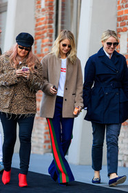 animal print, beige jacket, black cap, black denim, blue ballerinas, denim pants, graphic jacket, graphic pants, gucci, high heels, jeans, leather shoes, leopard, navy coat, navy pants, printed jacket, printed pants, red boots, stripes, sunglasses, trench coat, trousers, white t shirt, fashion week, frenchystyle, FW, jonathan paciullo, street style, MFW, MILAN, AUTUMN WINTER 2018-2019, FALL WINTER 2018-2019, FW 18-19, vertical, full length, holly rodgers