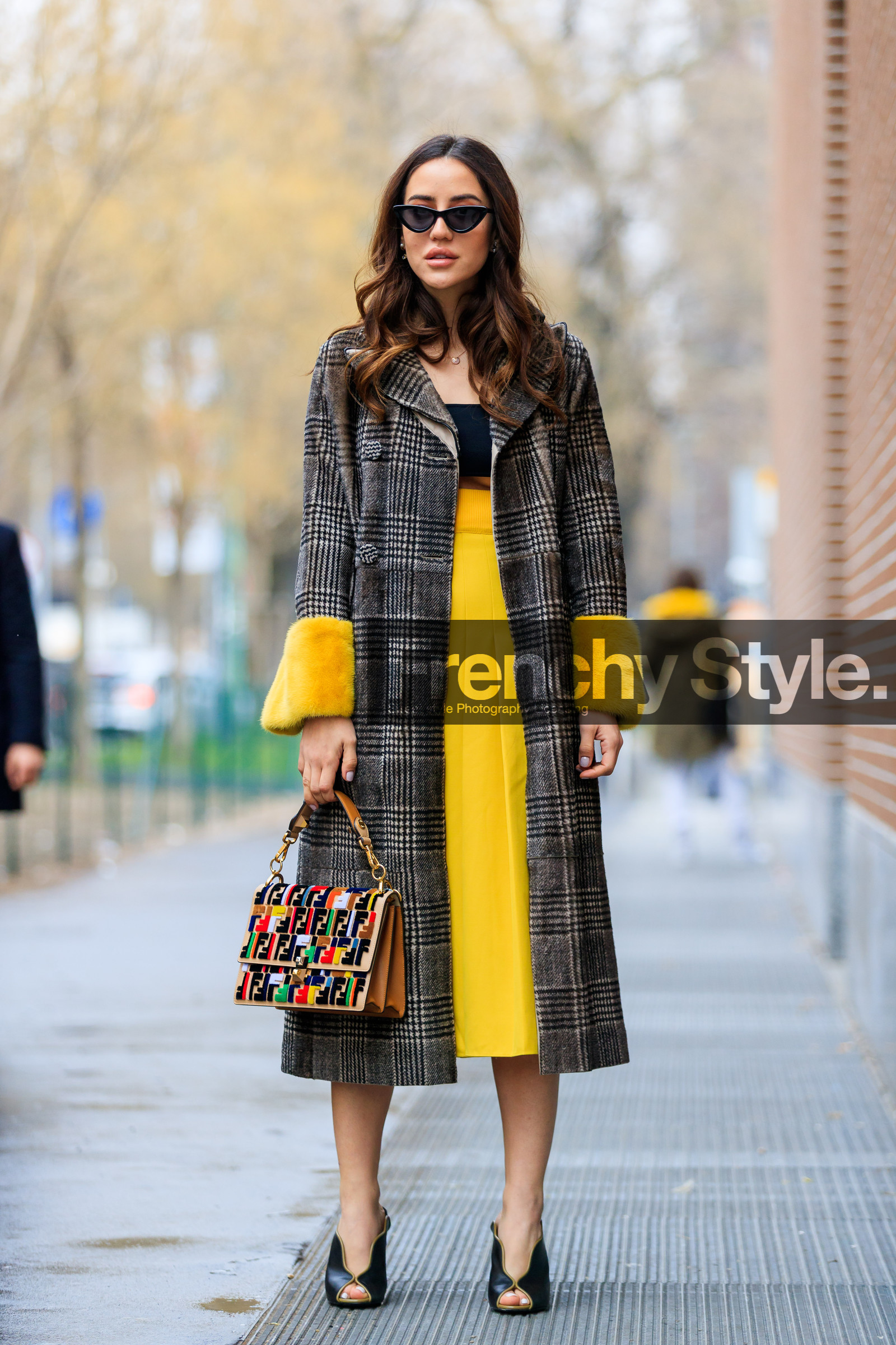 black bra, black shoes, brown coat, checked, embroidered bag, fendi, graphic bag, graphic jacket, high heels, leather bag, leather shoes, multicolor bag, plaid, pleated skirt, printed bag, printed jacket, sunglasses, yellow fur, yellow skirt, fashion week, frenchystyle, FW, jonathan paciullo, street style, MFW, MILAN, AUTUMN WINTER 2018-2019, FALL WINTER 2018-2019, FW 18-19, vertical, full length, tamara kalinic