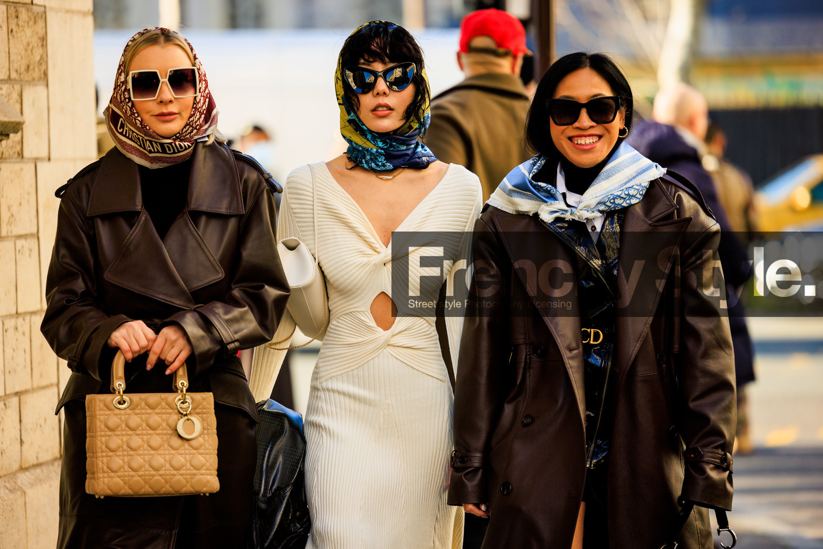 burgundy scarf, white sunglasses, dior bag, beige bag, lady dior bag, golden loops, dior scarf, blue scarf, logo scarf, dior belt, leather trench, brown trench, headscarf, black sunglasses, multicolor scarf, printed scarf, white dress, knitted dress, open cut dress, longdress, white pouch, white bag, fashion week, frenchystyle, FW, jonathan paciullo, street style, PARIS, PFW, SPRING SUMMER 2022, SS 22, atmosphere details, detail, horizontal