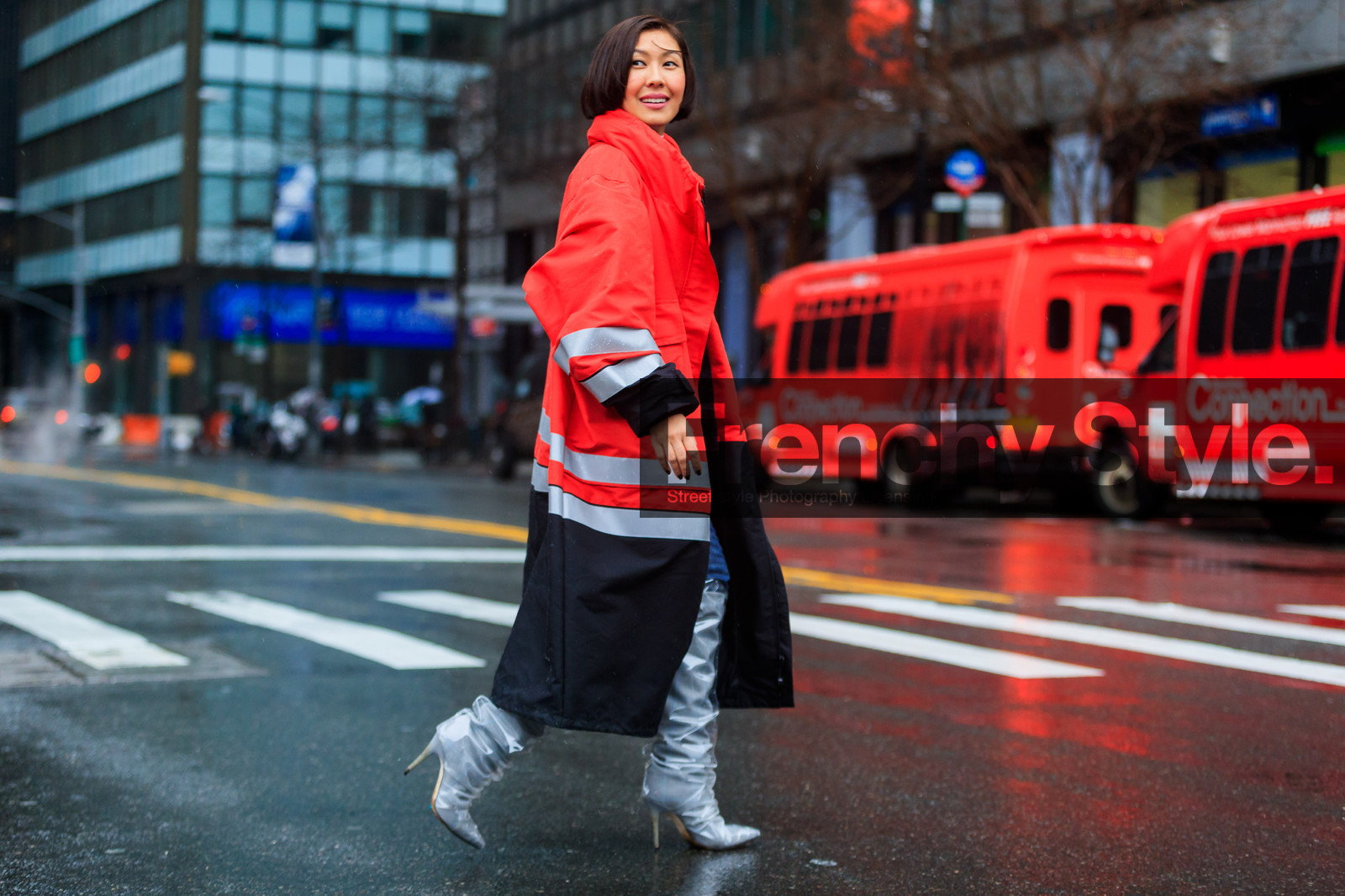 graphic jacket, high boots, high heels, jimmy choo, leather shoes, long coat, off white, printed jacket, red coat, transparent shoes, street style, jonathan paciullo, FW, frenchystyle, fashion week, NYFW, NEW YORK, AUTUMN WINTER 2018-2019, AW 18-19, FALL WINTER 2018-2019, FW 18-19, atmosphere details, horizontal, full length
