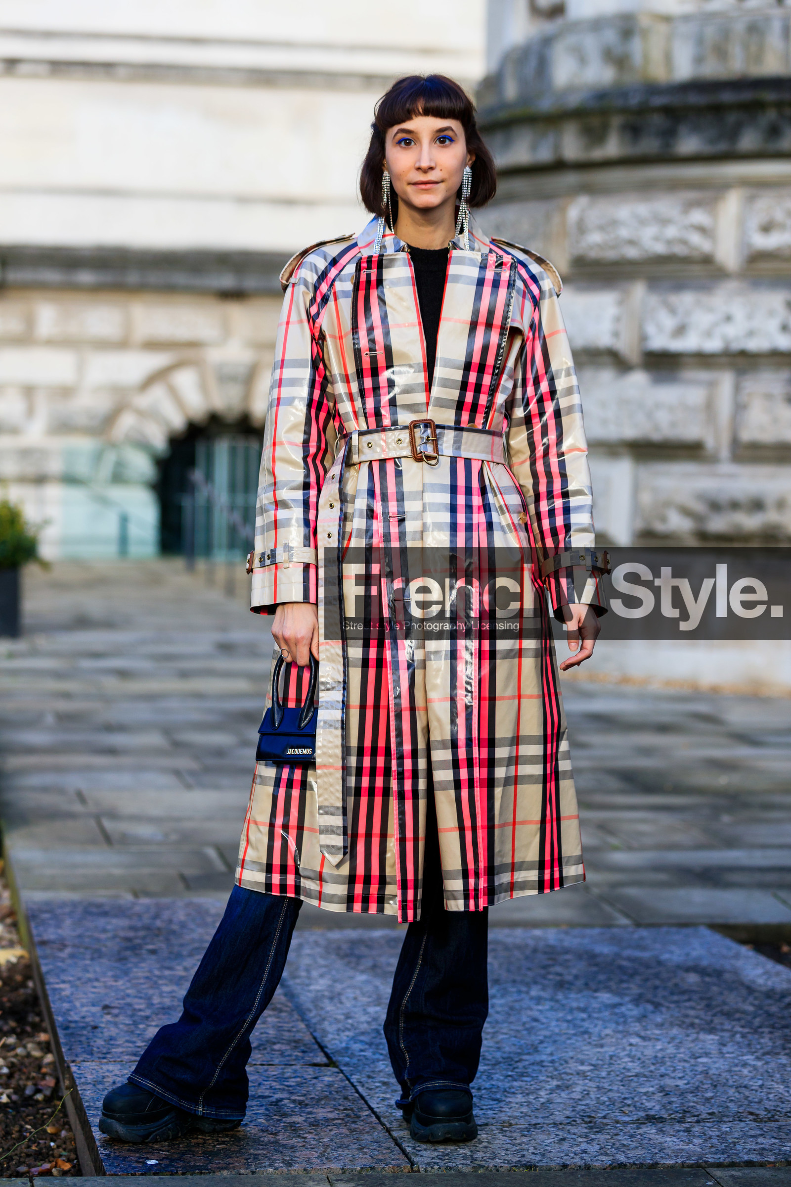 beige coat, black bag, black shoes, blue denim, checked, denim pants, earrings, graphic jacket, jacquemus, jeans, leather bag, leather shoes, mini bag, plaid, printed jacket, red coat, tartan, trench coat, trousers, LONDON, LFW, fashion week, frenchystyle, FW, jonathan paciullo, street style, AUTUMN WINTER 2019-2020, AW 19-20, FW 19-20, FALL WINTER 2019-2020, vertical, full length