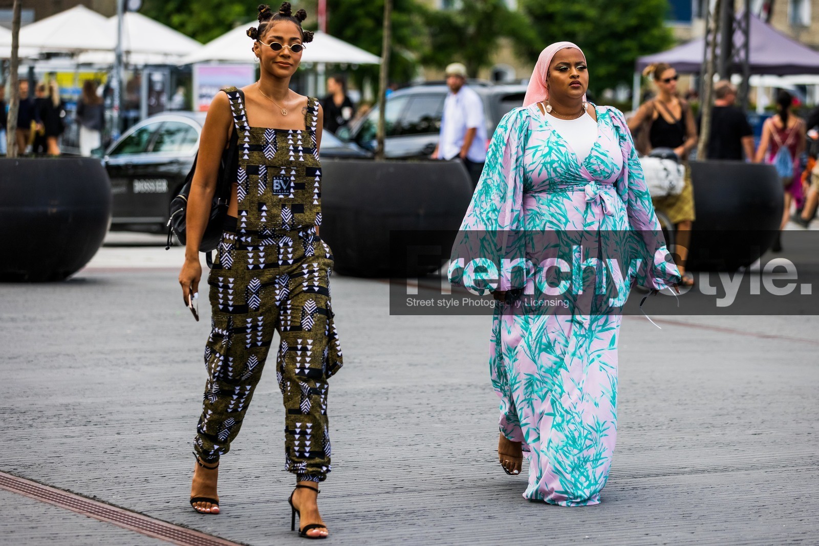 african print, belted dress, black sandals, color, earrings, floral print, hair style, hijab, jumpsuit, khaki jumpsuit, leather sandals, long dress, pastel, pearl earrings, lila dress, print, printed dress, round sunglasses, sandals, small sunglasses, sunglasses, fashion week, frenchystyle, FW, jonathan paciullo, street style, SPRING SUMMER 2022, SS 22, COPENHAGEN, CPHFW, atmosphere details, horizontal, full length