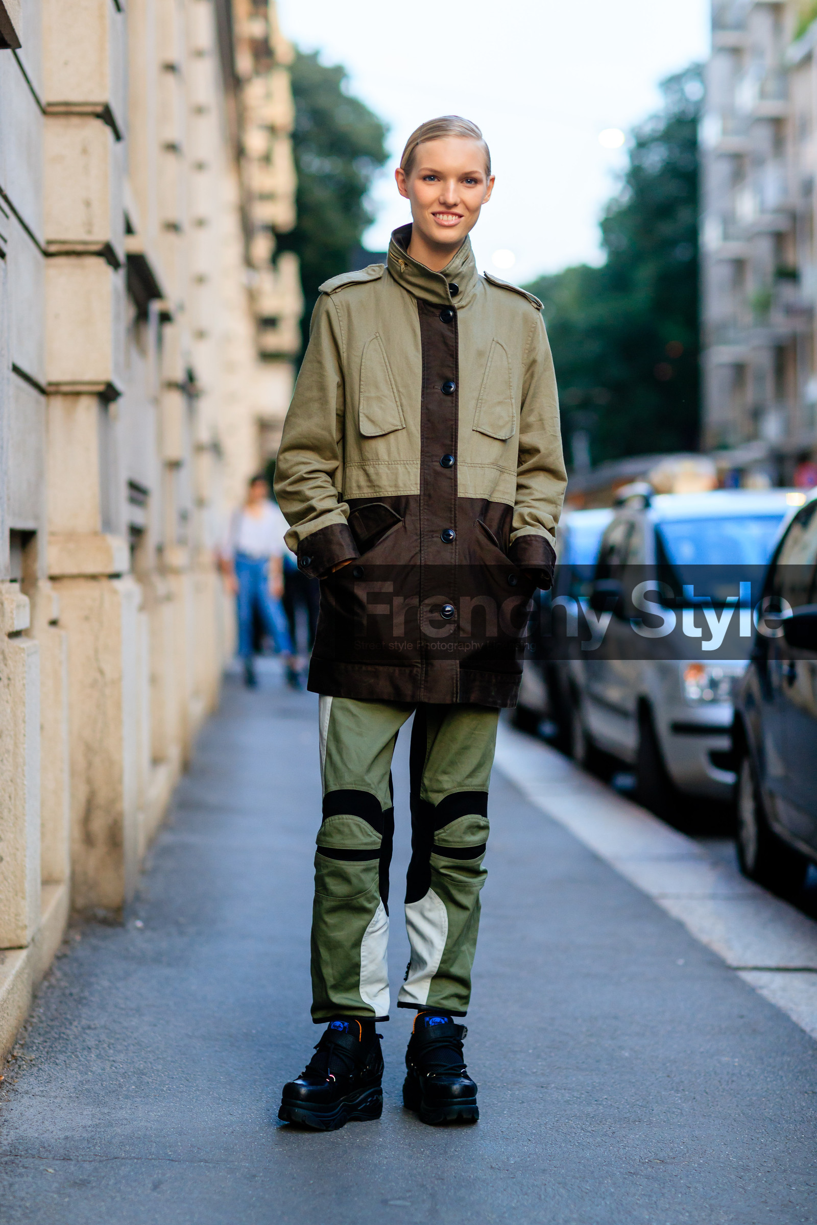 black boots, fashion week, frenchystyle, full length, FW, green jacket, green pants, jess picton warlow, jonathan paciullo, leather shoes, MFW, MILAN, model, printed pants, SPRING SUMMER 2017, SS 17, street style, trousers, vertical
