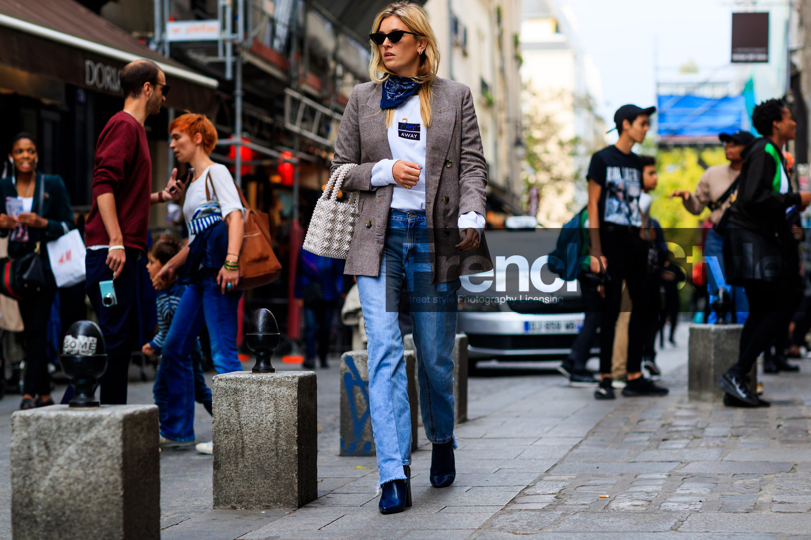 atmosphere details, blazer, blue bandana, blue boots, blue denim, blue scarf, brown jacket, camille charriere, checked jacket, denim pants, fashion week, frenchystyle, full length, FW, high heels, horizontal, jeans, jonathan paciullo, leather bag, leather shoes, PARIS, PFW, plaid, printed t shirt, SPRING SUMMER 2018, SS 18, street style, sunglasses, trousers, white bag, white t shirt