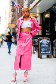 braids, cropped top, fashion week, frenchystyle, full length, FW, high heels, jonathan paciullo, leather shoes, NEW YORK, NYFW, pink jacket, pink shoes, pink skirt, SPRING SUMMER 2018, SS 18, street style, vertical, white socks, white t shirt