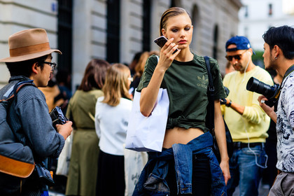 adidas, atmosphere details, blue denim, denim jacket, detail, fashion week, frenchystyle, FW, green top, horizontal, jonathan paciullo, model, PARIS, PFW, pulled back hair, SPRING SUMMER 2017, SS 17, street style, wet hair