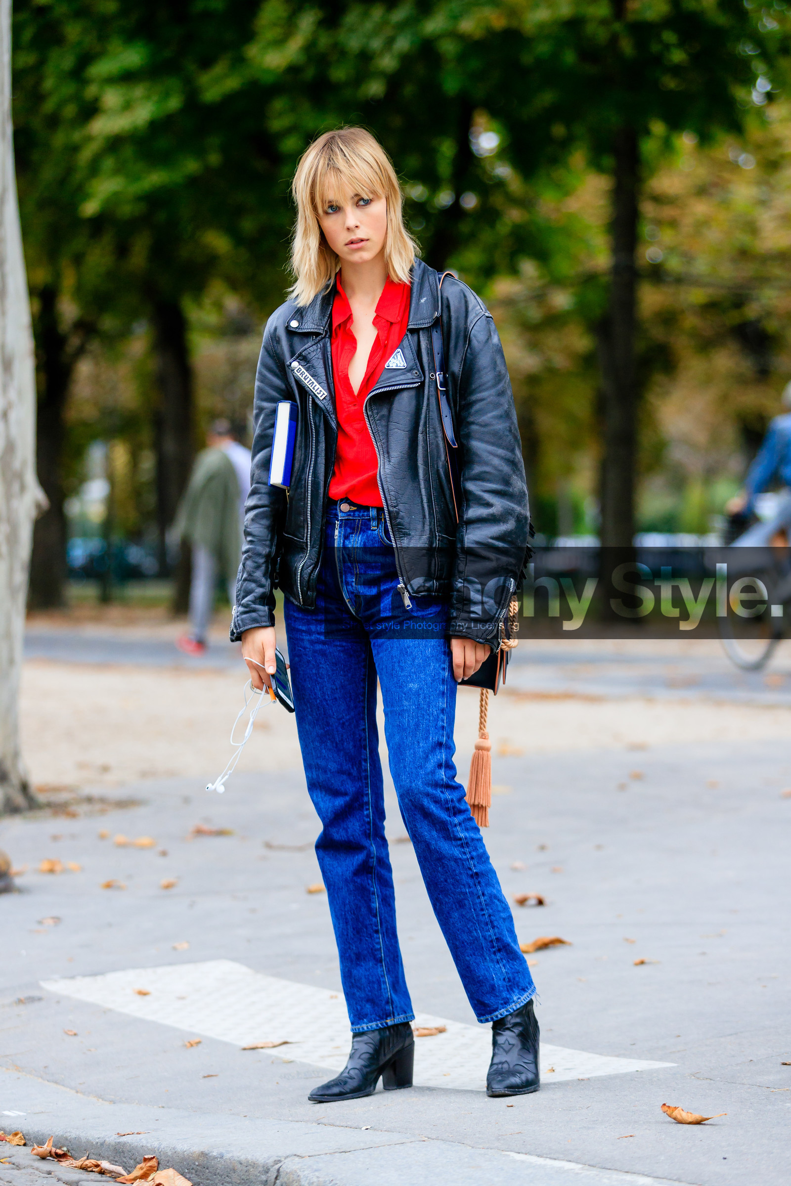 black bag, black boots, black jacket, black perfecto, blue denim, denim pants, edie campbell, fashion week, frenchystyle, full length, FW, high heels, jeans, jonathan paciullo, leather bag, leather jacket, leather perfecto, leather shoes, PARIS, PFW, pompons, red shirt, SPRING SUMMER 2017, SS 17, street style, trousers, vertical