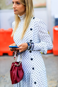 atmosphere details, bracelet, Charlotte Groeneveld, detail, fashion week, frenchystyle, FW, graphic dress, jonathan paciullo, leather bag, NEW YORK, NYFW, pleats, polka dot, printed dress, red bag, SPRING SUMMER 2018, SS 18, street style, vertical, white dress