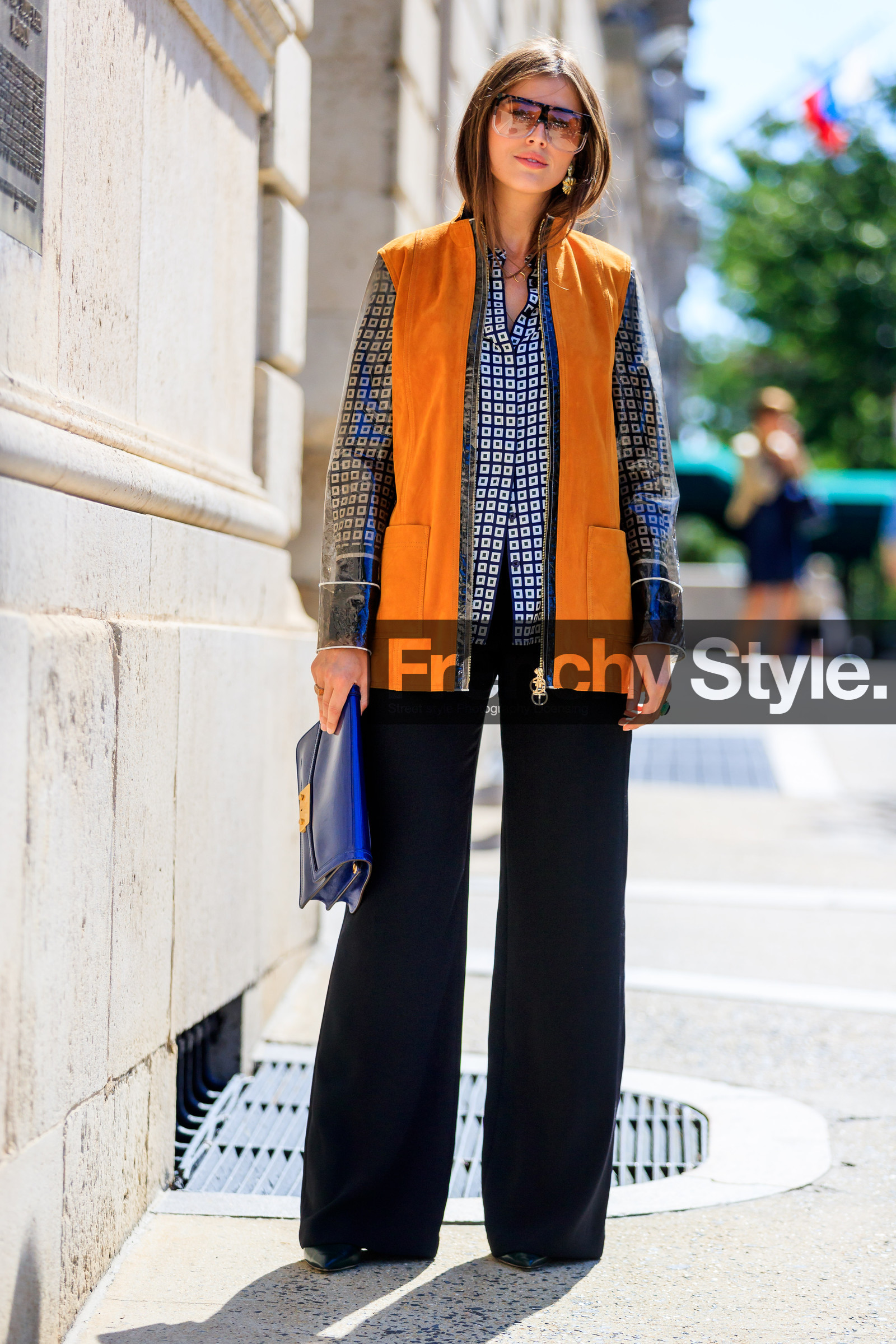 black bag, black pants, black shirt, blue bag, fashion week, frenchystyle, full length, FW, graphic shirt, jonathan paciullo, leather bag, NEW YORK, NYFW, orange jacket, printed shirt, sleeveless, SPRING SUMMER 2018, SS 18, street style, sunglasses, trousers, vertical