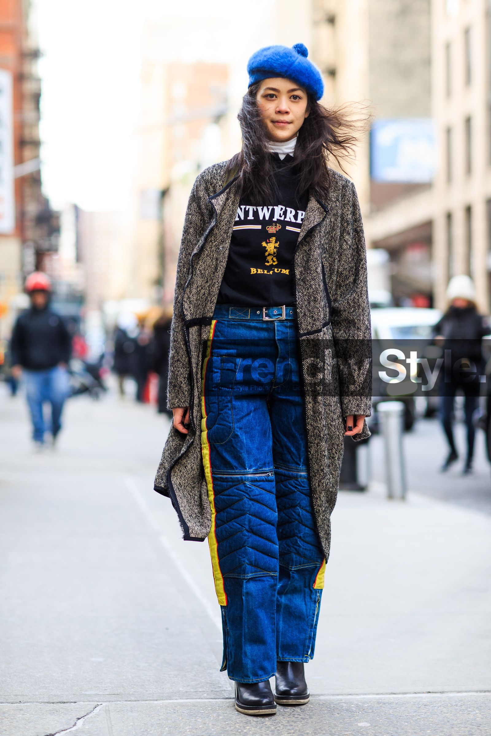 AUTUMN WINTER 2016-2017, AW 16-17, beret, black, black boots, black sweater, blue, blue denim, blue hat, brown, brown coat, denim pants, FALL WINTER 2016-2017, fashion week, frenchystyle, full length, FW, FW 16-17, high heels, jeans, jonathan paciullo, kaki bag, leather boots, NEW YORK, NYFW, patty lu, printed sweater, red, street style, trousers, vertical, white, woman, yellow