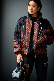 peggy gould, black coat, black pants, black leather bag, brown coat, down jacket, zipped coat, monogrammed coat, monogrammed pants, monogrammed bag, hand bag, bowling bag, PARIS, PFW, fashion week, frenchystyle, FW, jonathan paciullo, street style, SPRING SUMMER 2021, SS 21, vertical, atmosphere details, detail