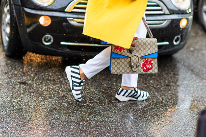 atmosphere details, AUTUMN WINTER 2016-2017, AW 16-17, beige bag, black and white shoes, denim pants, detail, embroidered bag, FALL WINTER 2016-2017, fashion week, floral, flower, frenchystyle, FW, FW 16-17, geometric, graphic shoes, gucci, horizontal, jeans, jonathan paciullo, LFW, LONDON, MENSWEAR, monogram, printed bag, street style, striped shoes, stripes, trousers, white denim, white pants, white sneakers, yellow coat