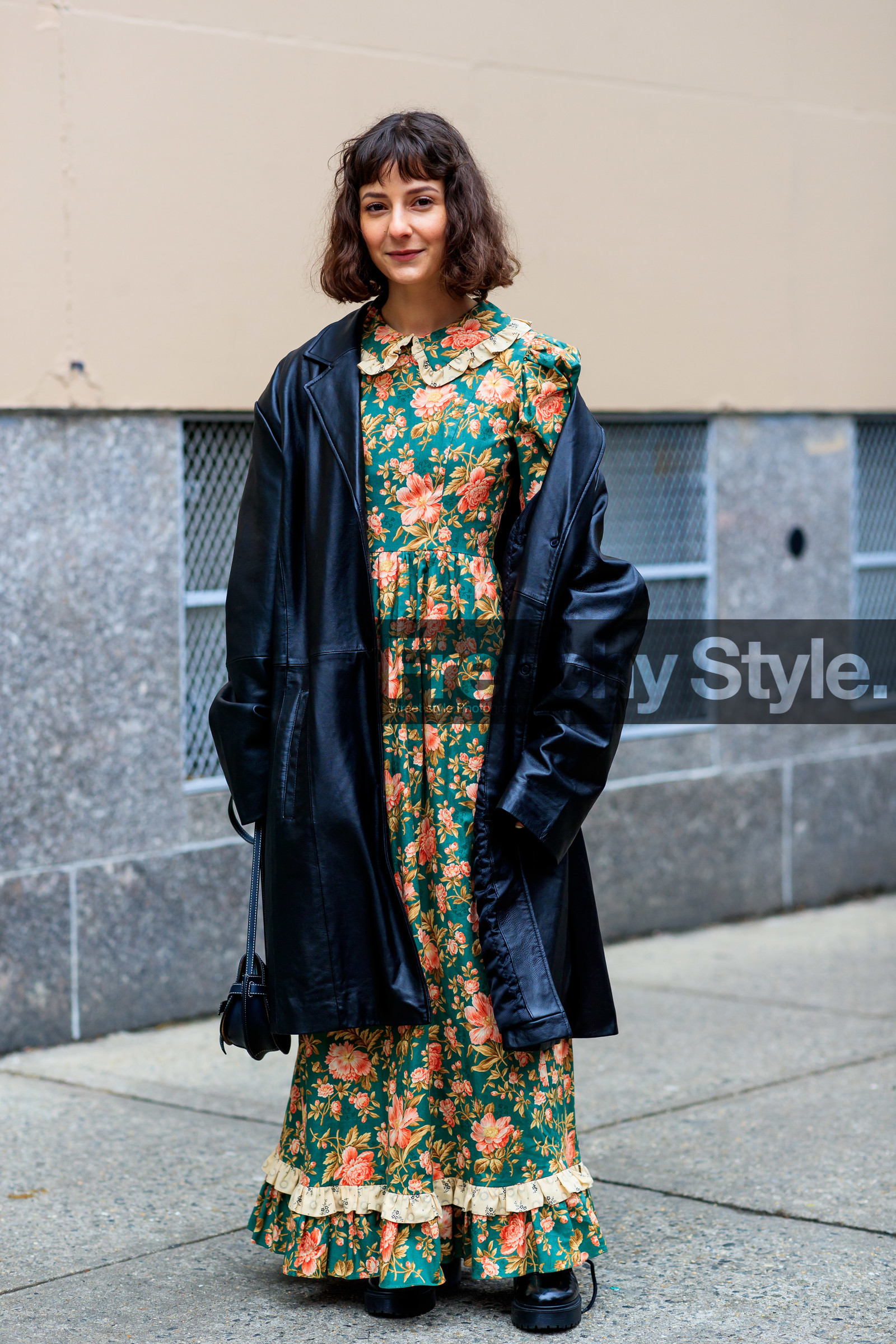 alyssa coscarelli, black bag, black coat, floral, flower, graphic dress, green dress, leather bag, leather coat, loewe, off the shoulder, printed dress, frenchystyle, jonathan paciullo, street style, NYFW, NEW YORK, AUTUMN WINTER 2019-2020, AW 19-20, FALL WINTER 2019-2020, FW 19-20, fashion week, FW, vertical, full length